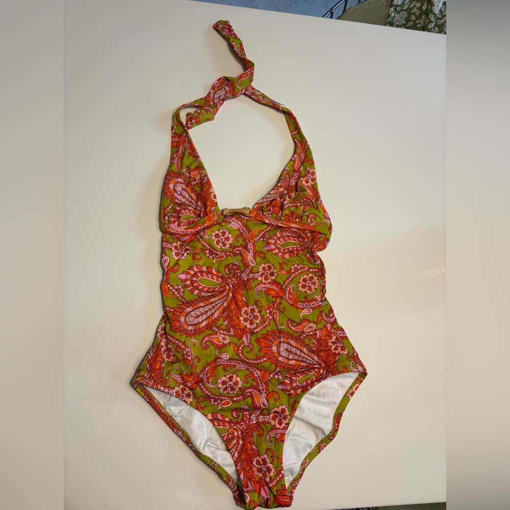 J. Crew Ratti Lime/Pink Pausley Print Vneck One-piece Swimsuit